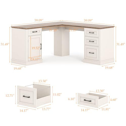 Farmhouse 59" L-Shaped Executive Desk with Drawers, Wood Home Office Corner Desk with Charging Station, File Drawer, Storage Cabinet, Rustic Computer Writing Desk for Home Office (Unique White)