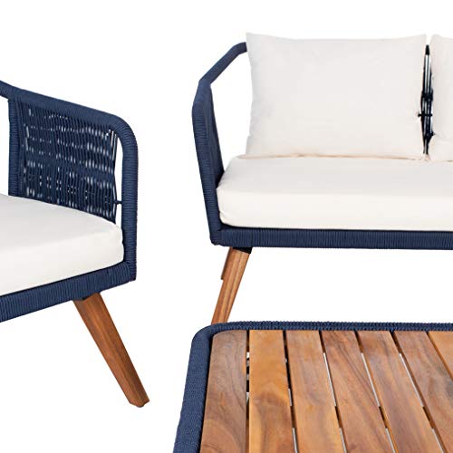 SAFAVIEH Outdoor - Raldin Navy Rope 4-Piece Patio Set, Eucalyptus Wood Conversation Set with Beige Cushions, Outdoor Sofa, Chairs & Coffee Table (PAT7049E)