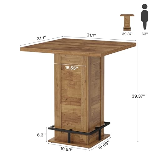Tribesigns 39.4" H Square Bar Table, Industrial High Top Bistro Pub Cocktail Table with Metal Footrest for Kitchen Nook, Home Bar, Small Bars, Rustic Brown (Table Only)