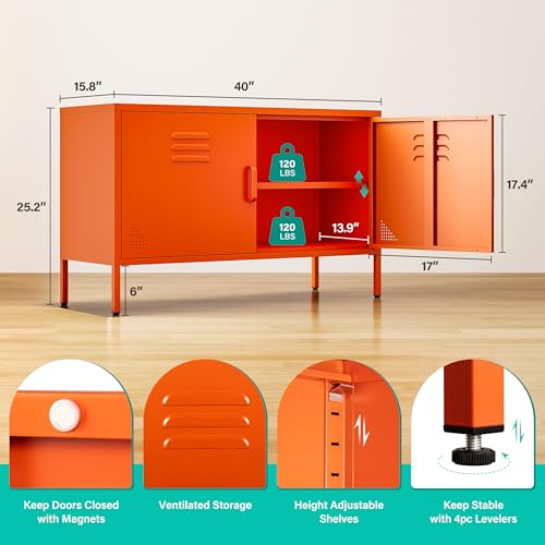 Orange Metal Storage Cabinet with Doors and Shelves, view 3