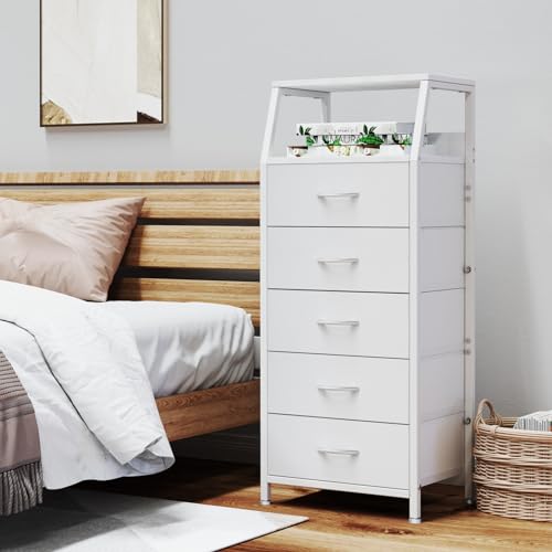 5 Drawers White Tall Fabric Dresser for Bedroom, Dorm Nightstand, view 6