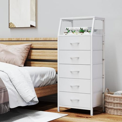 5 Drawers White Tall Fabric Dresser for Bedroom, Dorm Nightstand, view 6