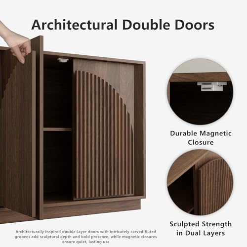 Fluted Sideboard Buffet Cabinet with Storage, 65" Mid Century Modern Accent Cabinet with Double-Layered Arch Doors,Wood Media TV Console Table Credenza for Living Dining Room Entryway,Walnut