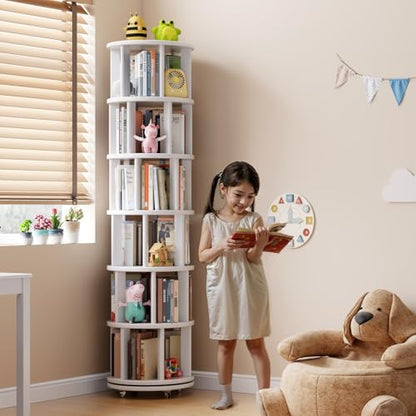 Solid Wood Rotating Bookshelf on Wheels, 6 Tier, Round Revolving Bookcase, 360° Spinning Book Shelf Tower for Kids, Narrow Rolling Bookshelves for Small Space, Corner, Bedroom, Office, White