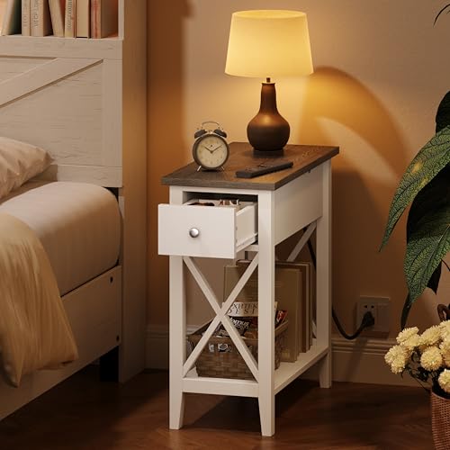 Farmhouse End Table with Charging Station, Accent Small Side Table Nightstand for Living Room, Bedroom, and Small Spaces, Soft White