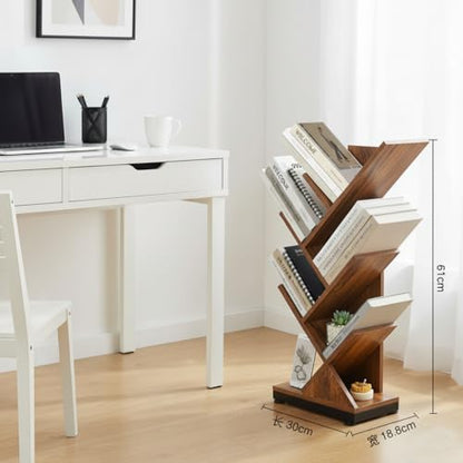 5 Tier Tree Bookshelf, Small Bookcase 11.8"*7.4"*24" (Rustic Brown) | Retro Narrow Bookshelves for CDs/Magazines, Book Shelf for Bedroom, Living Room, Office, Balcony, Study Room