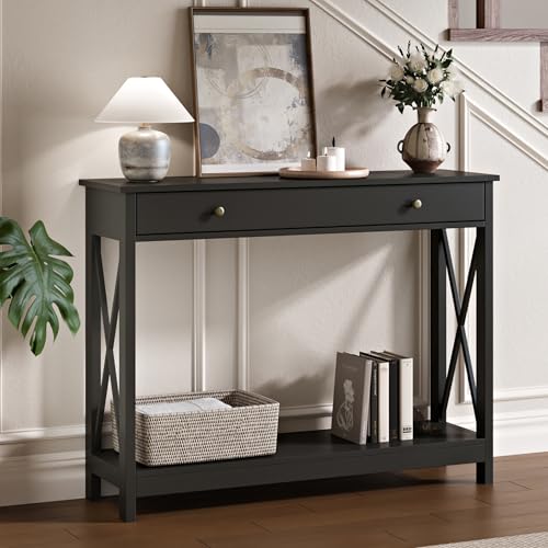 Black Console Table with Drawer and Storage Shelves, Foyer Sofa Table Narrow for Entryway, Living Room, Hallway