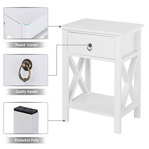 Bonnlo White End Side Table Nightstand Bedside Table with Drawer and Storage Shelf