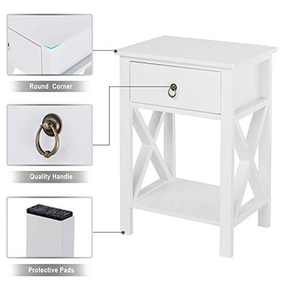 Bonnlo White End Side Table Nightstand Bedside Table with Drawer and Storage Shelf