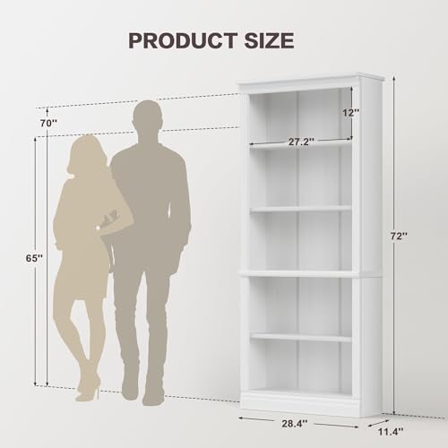 72" Bookcase and Bookshelf, 5-Tier Wood Bookcases with Shelves, Tall Floor Standing Book Shelf Storage Cabinet Home Decor Furniture for Living Room, Home Office, White, 1 PCS