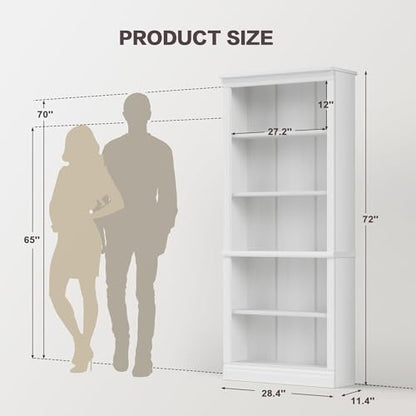 72" Bookcase and Bookshelf, 5-Tier Wood Bookcases with Shelves, Tall Floor Standing Book Shelf Storage Cabinet Home Decor Furniture for Living Room, Home Office, White, 1 PCS