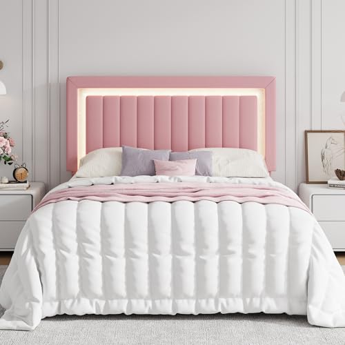Queen Size Velvet Bed Frame with LED Light, Pink, view 4