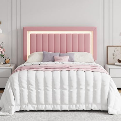 Queen Size Velvet Bed Frame with LED Light, Pink, view 4