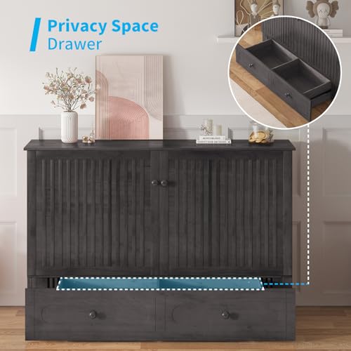 Queen Murphy Bed Cabinet with Drawers, Modern Versatile Wood Chest Cabinet Wall Bed with USB Charging Station, Wooden Guest Beds for Bedroom Home Apartment, No Tri-Fold Mattress - Dark Grey