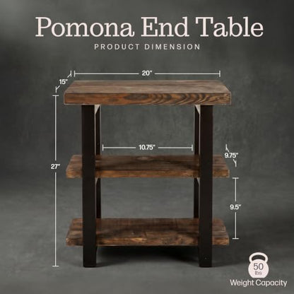 Pomona Solid Wood 3-Tier End Table, Rustic Brown, 20” | Small Side Table or Nightstand with Storage Shelf and Metal Legs, Rustic Farmhouse Chair Side Table for Living Room & Bedroom