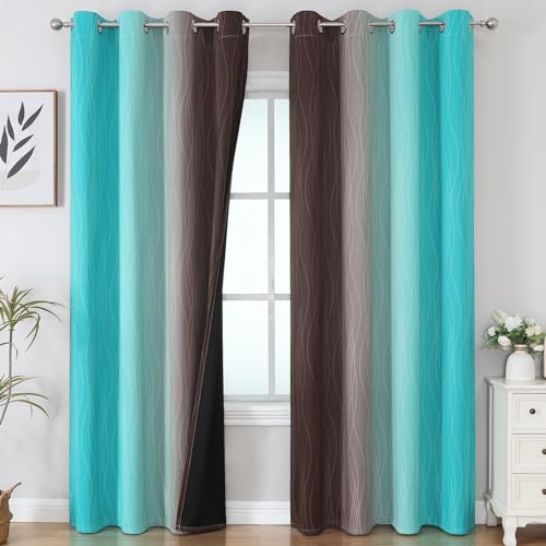 Teal and Brown Blackout Curtains for Bedroom, Thermal Insulated Drapes 108 Inches Long, Full Light Blocking Energy Saving Long Curtains for Living Room, 52Wx108L, 2 Panels