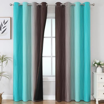 Teal and Brown Blackout Curtains for Bedroom, Thermal Insulated Drapes 108 Inches Long, Full Light Blocking Energy Saving Long Curtains for Living Room, 52Wx108L, 2 Panels