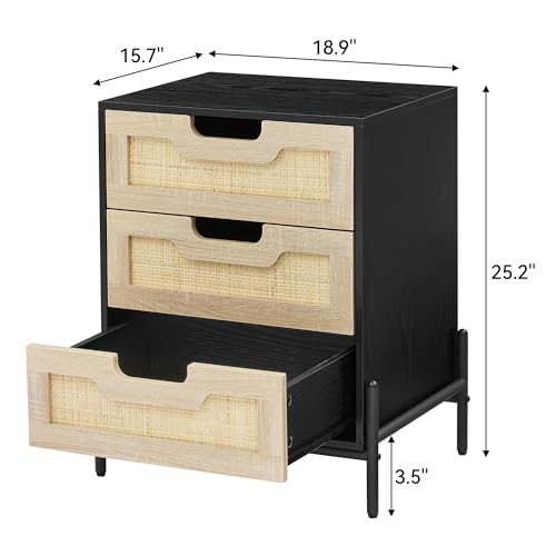 Rattan Nightstand,Boho Bedside Table,End Table with 3 Natural Rattan Drawer,Rattan Furniture,Boho Mid Century Modern Bedside Table,Rattan Bedside Table with Metal Handle for Bedroom,Living Room