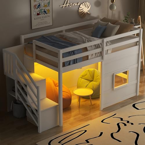 Twin Size Loft Bed with Storage Staircase, Window, LED Light, White