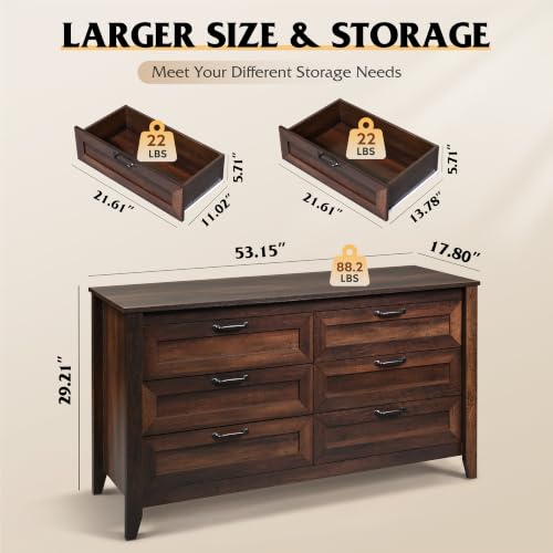 54" Dresser for Bedroom, Wooden 6 Drawer Dresser with Unique Anti-Tip Structure, view 4