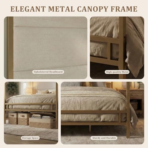 Canopy Bed Frame Queen, Tall Velvet Upholstered Headboard, view 7