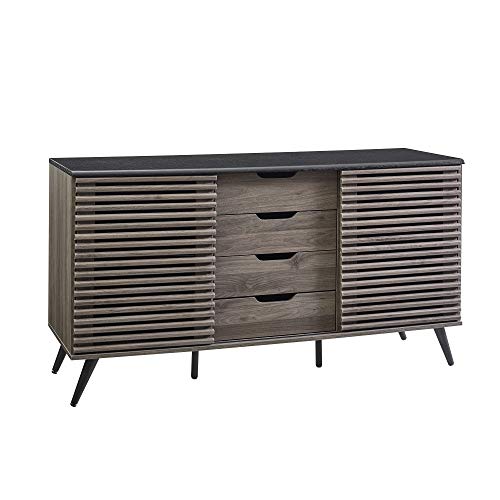Modern 4 Drawer Sliding Door Wood Cabinet Buffet Entryway Serving Storage Cabinet Doors Dining Room Console, 59 Inch, Black and Slate Grey