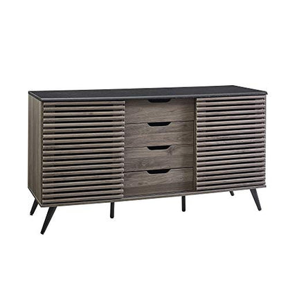 Modern 4 Drawer Sliding Door Wood Cabinet Buffet Entryway Serving Storage Cabinet Doors Dining Room Console, 59 Inch, Black and Slate Grey