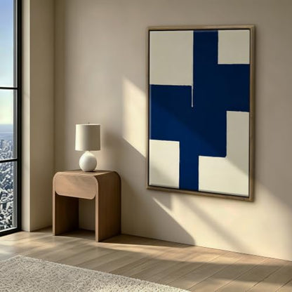 Navy Blue Geometric Block Abstract Wall Art Canvas Print, modern color field artwork in deep navy and ivory for home office, bedroom, office, apartment, modern farmhouse(16x24Inch,Gallery Wrapped）