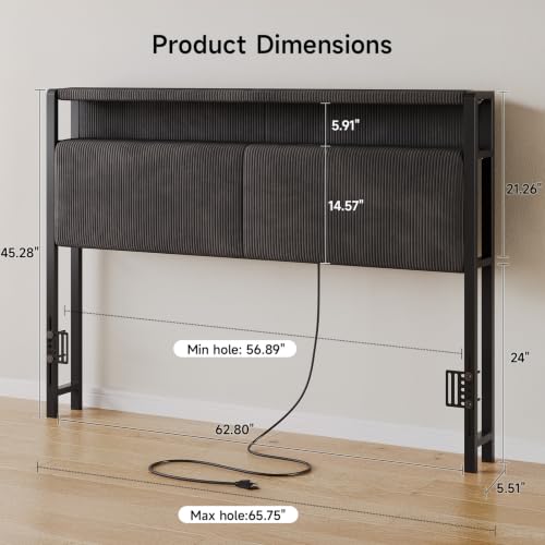 Corduroy Queen Size Headboard with Storage, Dark Grey, view 3