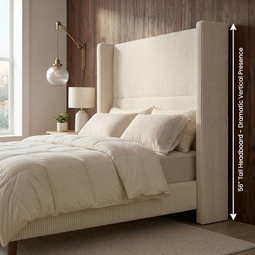 WEUP Queen Size Bed Frame with 56 Inch Corduroy Wingback Headboard, Cream, view 4