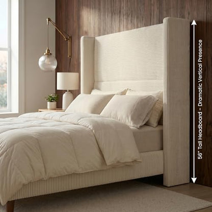 WEUP Queen Size Bed Frame with 56 Inch Corduroy Wingback Headboard, Cream, view 4