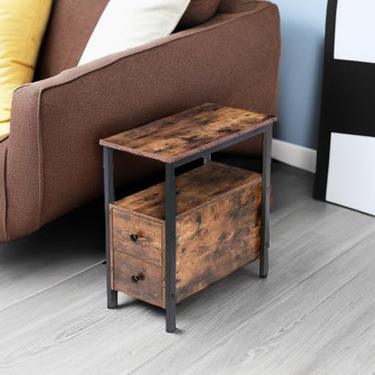 End Table, Narrow Chairside Table with Drawer and Open Storage Shelf, Nightstand for Small Spaces, Stable and Sturdy Construction, Wood Look Accent Furniture, Rustic Brown and Black BF548BZ01G3