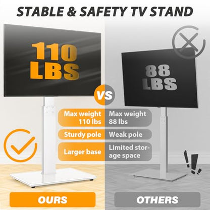 TAVR Swivel Floor TV Stand Base for 32-75 Inch TVs up to 110 lbs | Tall TV Stand for Bedroom with Height Adjustment and Tempered Glass Base for Media Storage and Space Saving, White