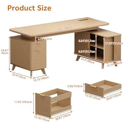 63" L Shaped Executive Desk with Drawers & Sliding Doors Fluted, view 3