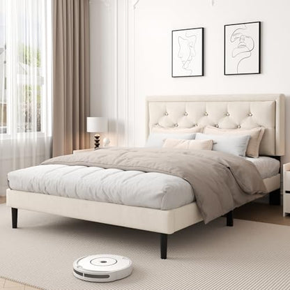 Queen Size Platform Bed Frame with Upholstered Velvet Button Tufted Headboard, view 2