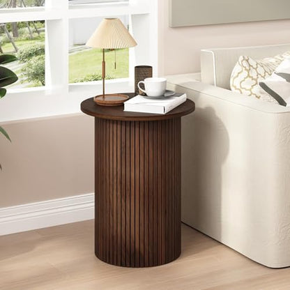 Round Fluted End Table, Small Accent Pedestal Side Table, Wood Fluted Nightstand Bedside Table for Living Room, Bedroom, Handcrafted Finish, Brown
