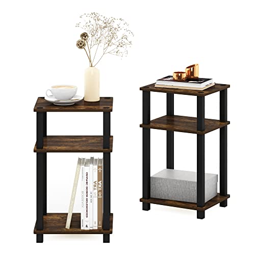 JUST Side Table Set of 2, 3-Tier Open Shelf End Table, Toolless Assembly Night Stand, Bedside Table with Square Tube, for Living Room, Bedroom, Amber Pine