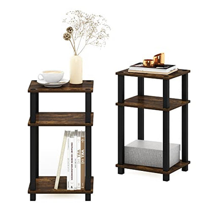 JUST Side Table Set of 2, 3-Tier Open Shelf End Table, Toolless Assembly Night Stand, Bedside Table with Square Tube, for Living Room, Bedroom, Amber Pine