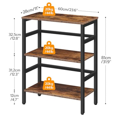 3 Tier Bookshelf, 23.6" L Industrial Bookcase, Record Storage Rack with Side Fence, Storage Shelf with Metal Frame, Rustic Open Display Shelf for Living Room, Bedroom, Rustic Brown BF86CJ01G1