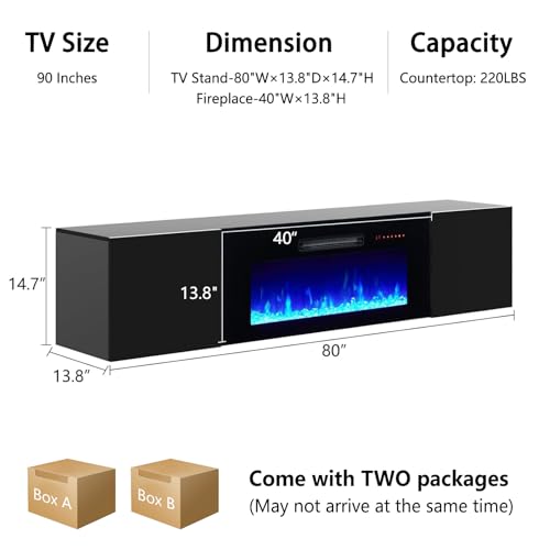 80" Floating TV Stand with 40" Electric Fireplace & LED Lights, view 3