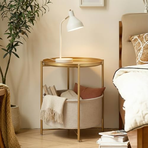 Gold Side Table with Basket, Small Round Table for Living Room | Metal Modern Nightstand for Small Space, Bedroom, Nursery, Accent Metal Stand with Removable Serving Tray, 20.47 in Tall
