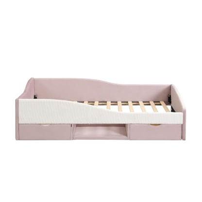 JIVOIT Twin Size Upholstered Daybed, 2 Storage Drawers, Padded Shelf, Guardrail (Pink/ Twin,82)