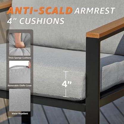 4 Pieces Patio Furniture Sets,Outdoor Metal Sectional Furniture Modern Patio Conversation Set,Fauxwood Anti-Scald Armrest,Sling Mesh,Tempered-Glass Table,4" Olefin Cushions