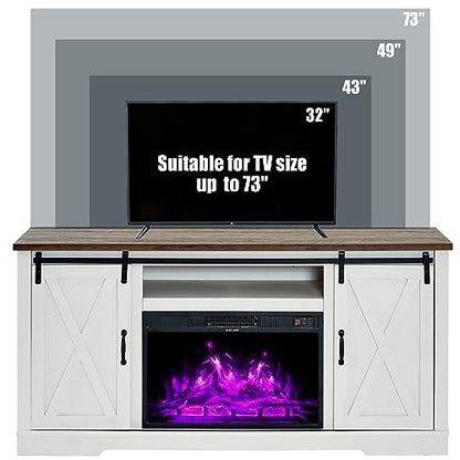 5-Piece Farmhouse Table Set Includes Fireplace TV Stand, Coffee Table& Two End Tables with Charging Station and USB Ports, for Living Room, Distressed White, 63"