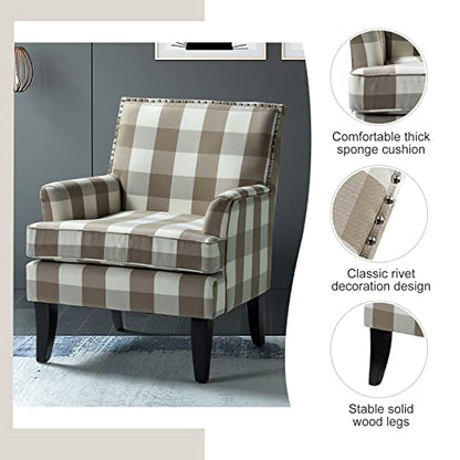 Modern Accent Chair with Arms and Wooden Legs, Mid Century Accent Chair Armchair High Back Rest, Padded Armrest and Comfortable Cushioned Seat for Living Room (Buffalo Beige)