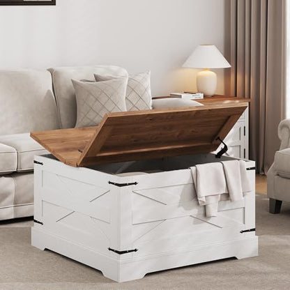 BestHaped Farmhouse Coffee Table with Hidden Storage, White Square Coffee Table for Living Room, Wood Large Center Table with Hinged Lift Top for Home, Office