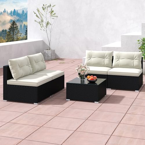 5-Piece Outdoor Patio Furniture Set, Rattan Sectional Sofa Set w/Glass-Top Coffee Table, Soft Seat & Back Cushions, Bistro Set for Garden Backyard Porch, Wicker Conversation Set (Off White)