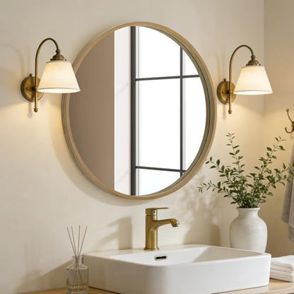 Round Wood Mirror 24 inch Circle Wall Mirror for Bathroom Round Wall Mirror for Wall Decor, Vanity, Entryway Living Room (Natural)