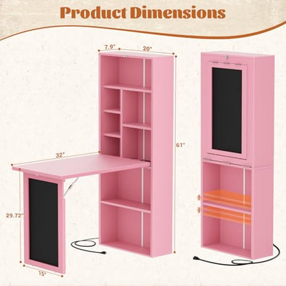 Small Folding Desk with Outlets, Convertible Writing Desk for Small Spaces/Home Office/Craft Room, Multi-Function Desk Workstation with Blackboard, Fold-Out Cabinet Table, Pink