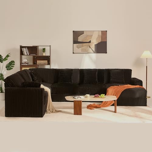 139" U-Shaped Cloud Couch, Modular Sectional, Deep Seats, Black | Pocket Spring Cushions, Oversized 7-Seater, Right Facing Chaise, Corduroy Upholstery Couches for Living Room, Not Boneless